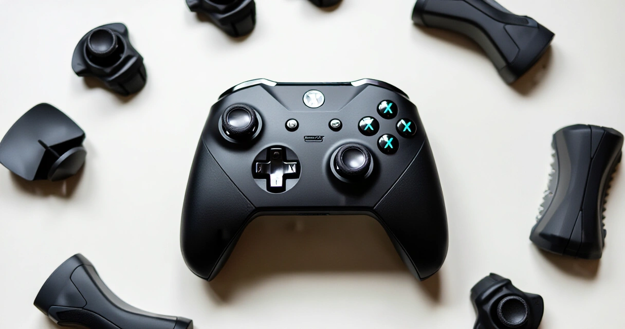 Thrustmaster eSwap X Pro ohjain ylhäältä kuvattuna moduulivaihtoehtojen kanssa