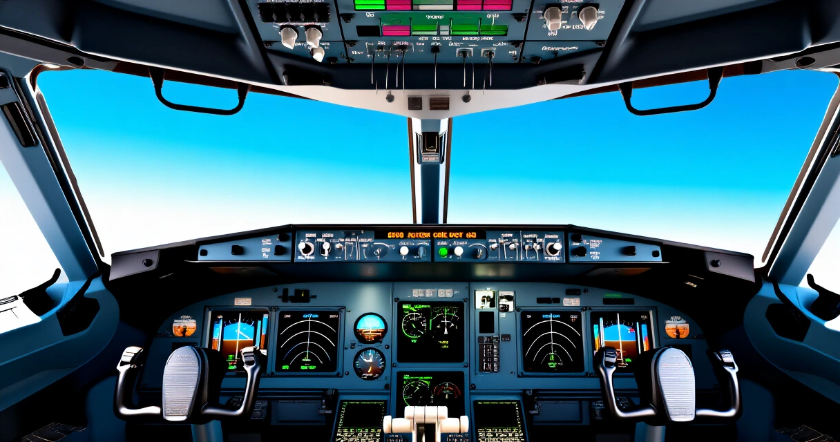 Lentosimulaattorin cockpit näkymä realistisilla mittareilla ja sininen taivas ikkunoissa