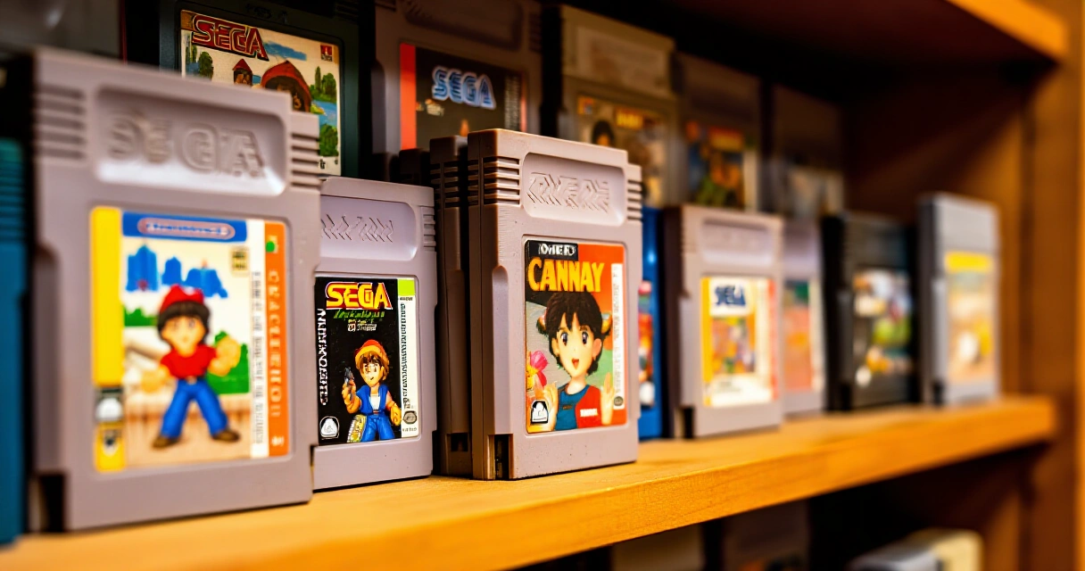 Retropelikokoelma hyllyllä – NES ja Mega Drive kasetit järjestyksessä