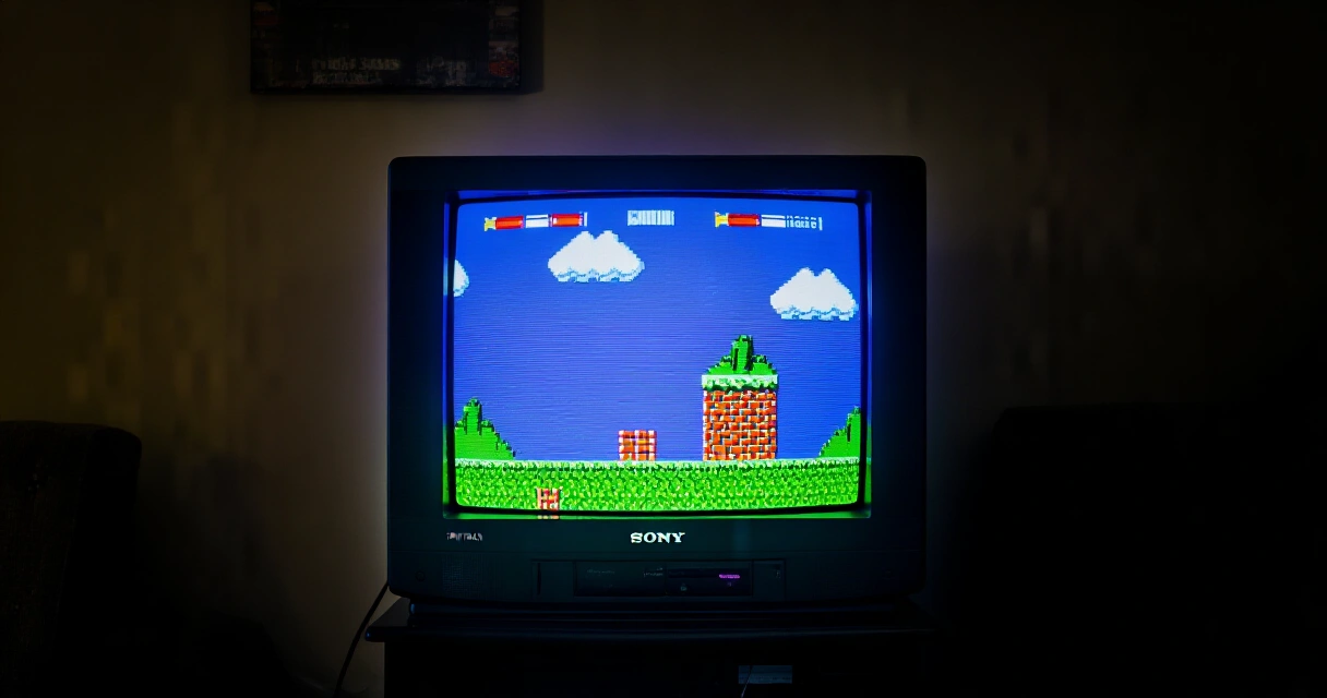 Sony Trinitron CRT-televisio retropelin kanssa, skanniviivat näkyvissä