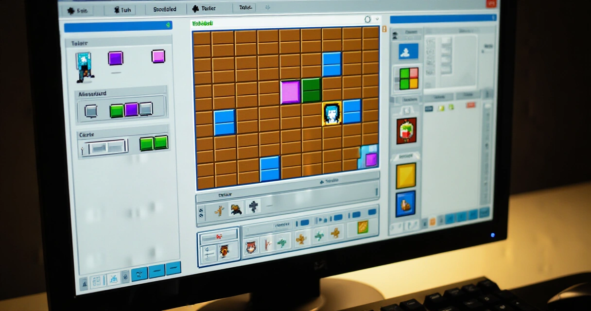 RPG Maker -editorin näkymä tietokoneen näytöllä pikselitaidetyylisellä kartalla