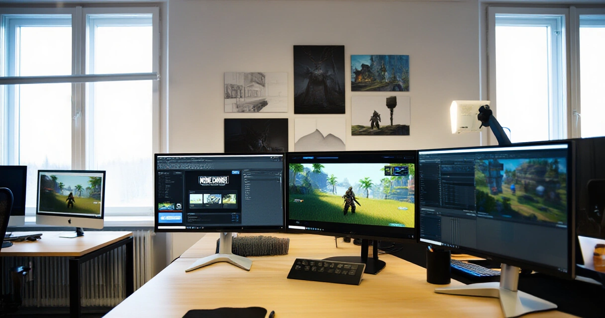 Suomalaisen pelikehitysstudion työtila, jossa näkyy peliprojekteja useilla näytöillä