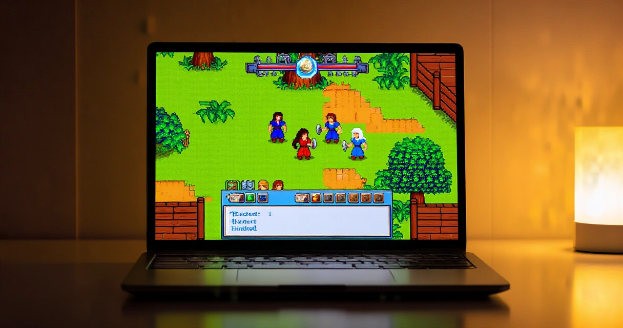 Kannettava tietokone näyttää RPG Maker -tyylisen taistelunäkymän