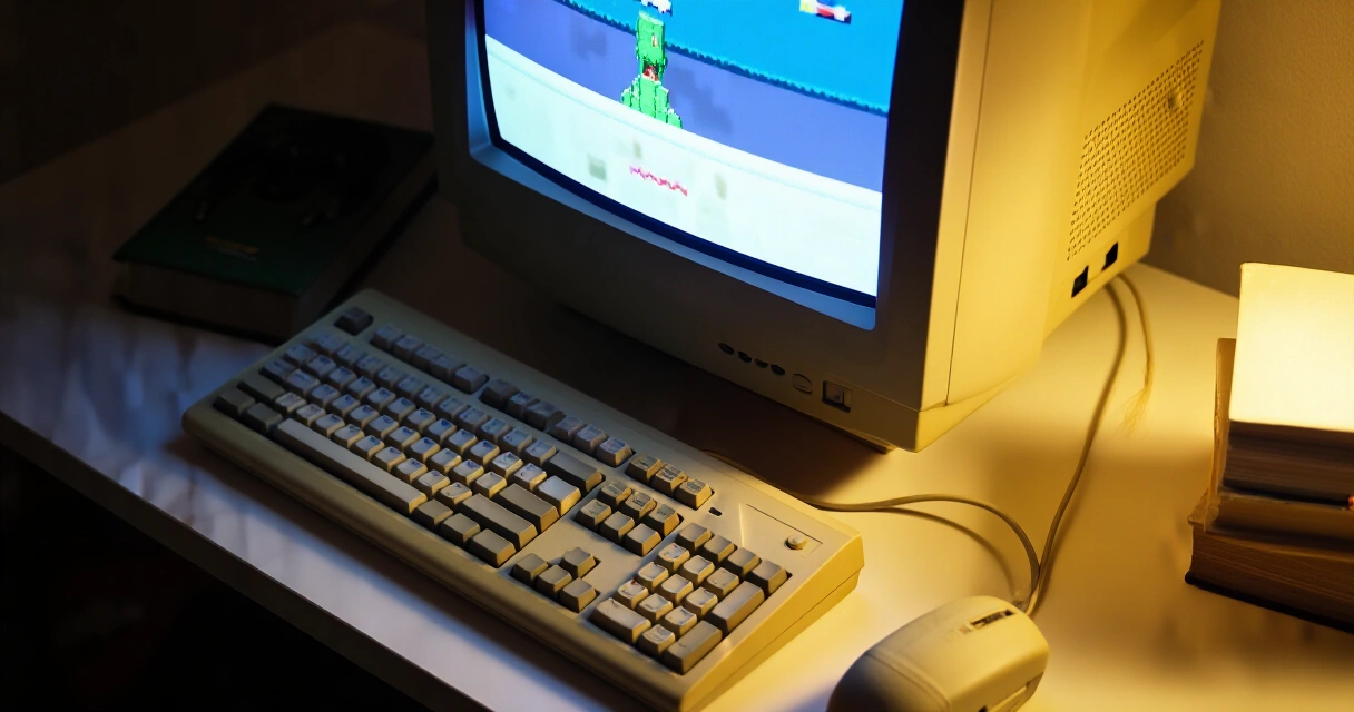 Nostalgiaa herättävä 90-luvun tietokonepeliasema, CRT-näyttö ja retropelejä