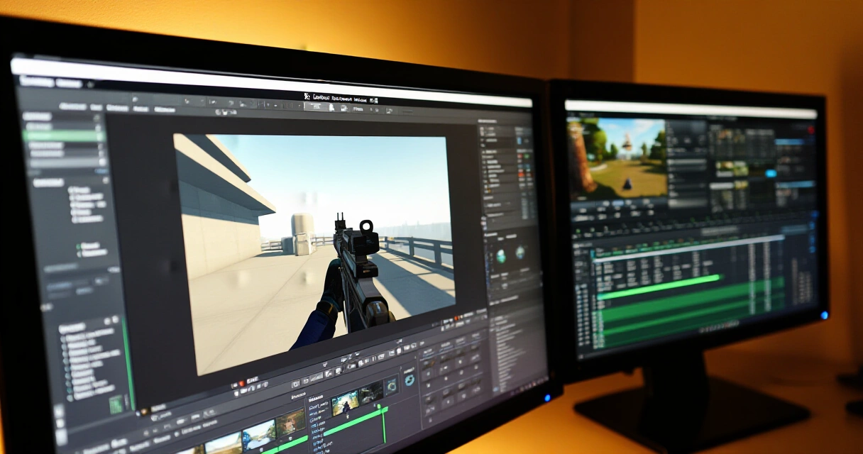 Unity-editori avoinna pelikehittäjän työasemalla, lähikuva kahdesta näytöstä