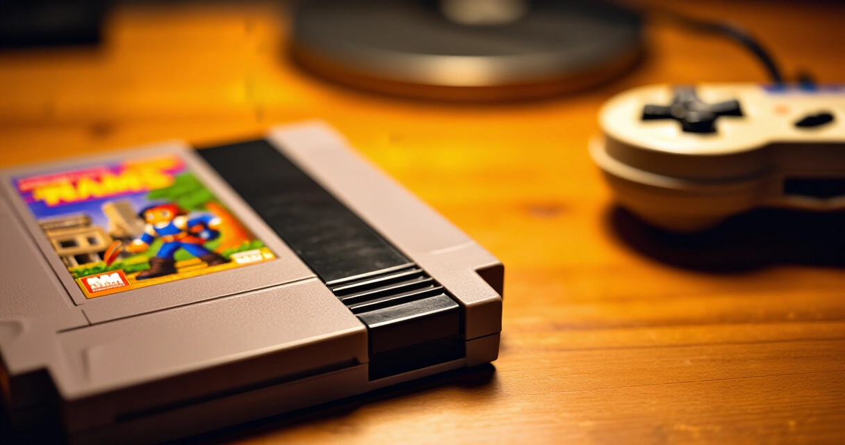 Vintage NES-pelikasetti ja ohjain retrohengessä