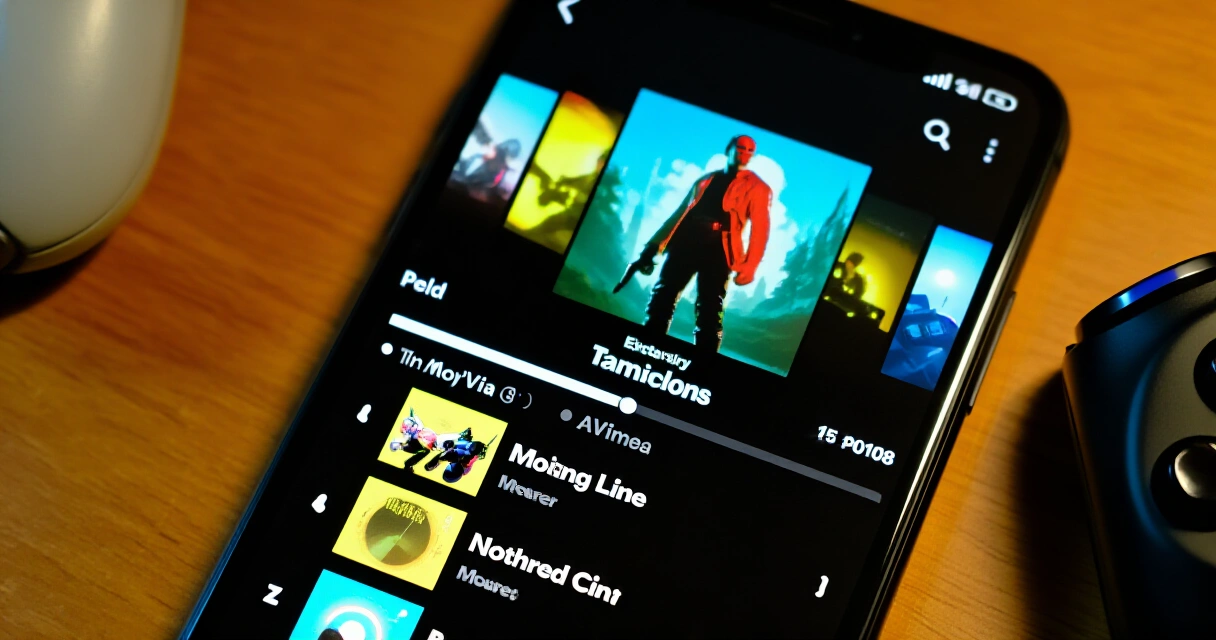 Älypuhelin jossa pelimusiikki-soittolista Spotifyssa, ohjaimet vieressä