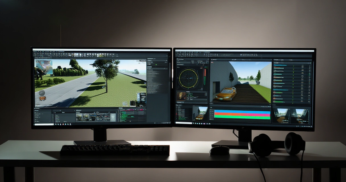 Pelinkehittäjän työasema Unreal Engine 5 -editorin kanssa kahdella näytöllä