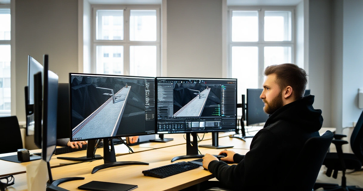 Suomalainen pelikehitysstudio työtiloineen ja näyttöineen
