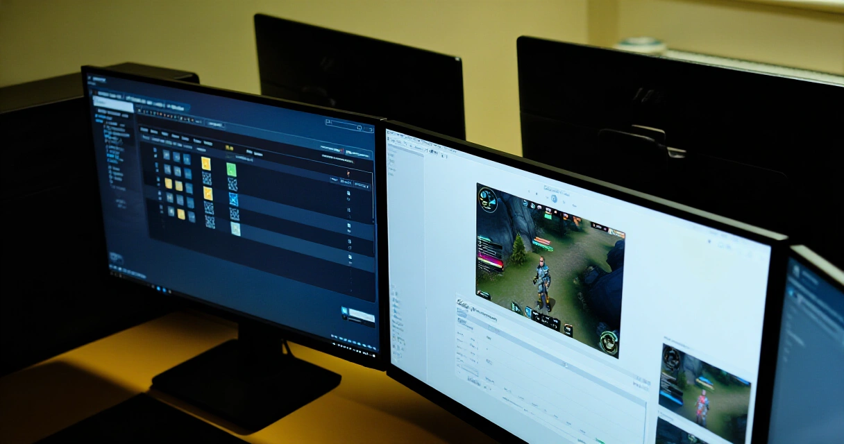 Pelitestausta useilla näytöillä pelikehitysstudiossa