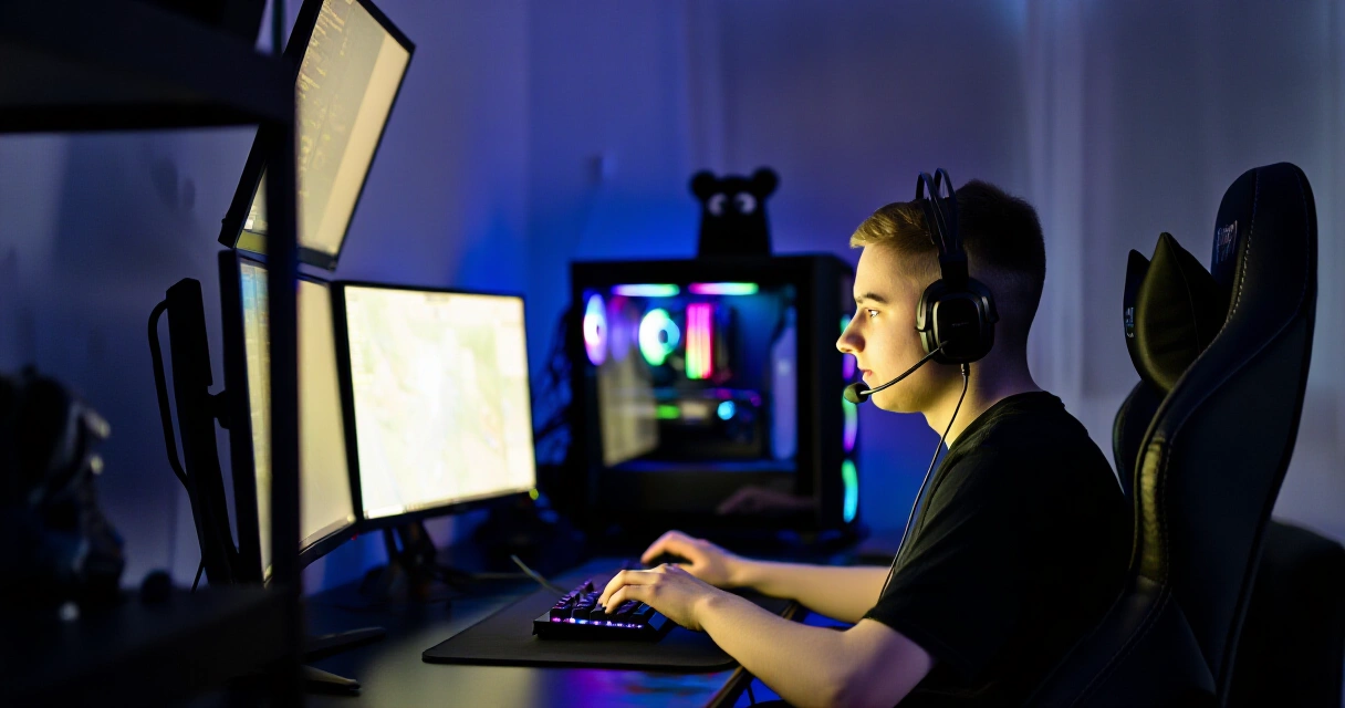 Pelaaja kilpailee tietokoneella online-ladder-ottelussa kotipelisetupissa