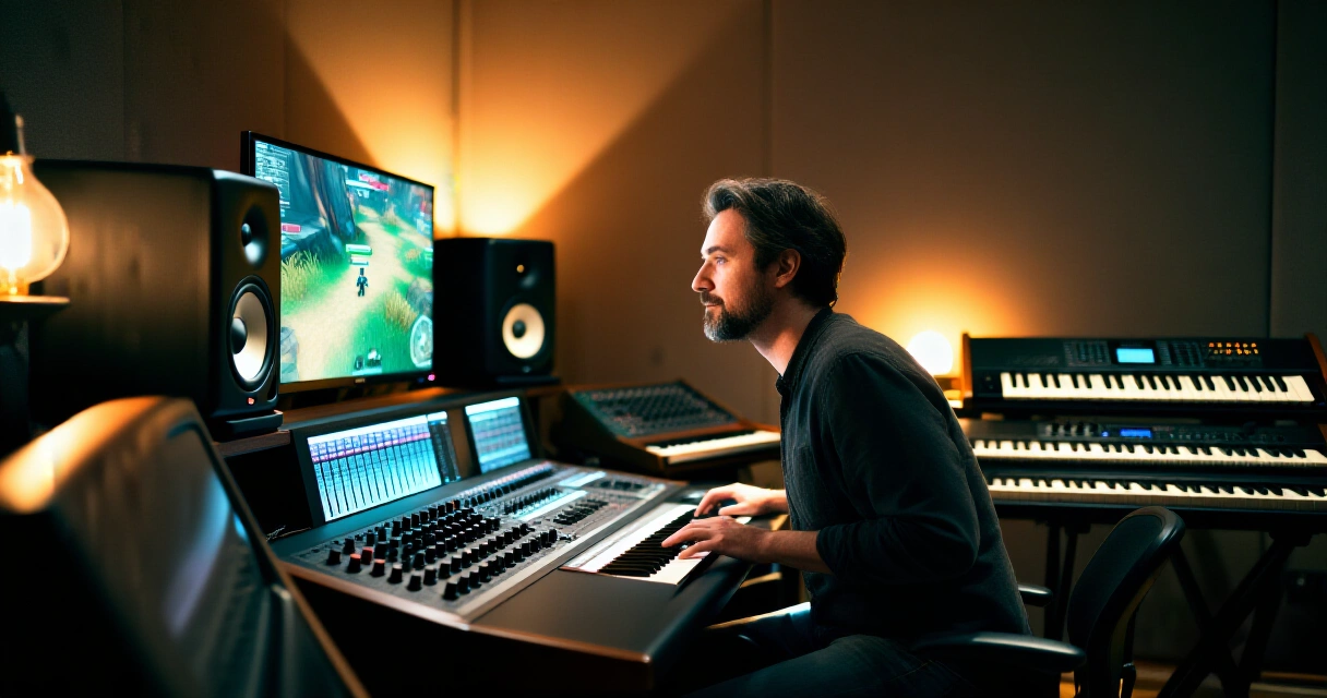 Pelisäveltäjä työskentelee äänistudiossa pelimusiikkia säveltäen