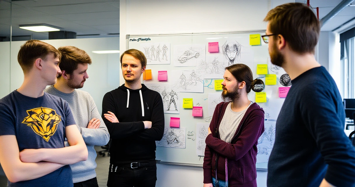 Pelikehitystiimi ideoi peliprojektia valkotaulun äärellä studiossa