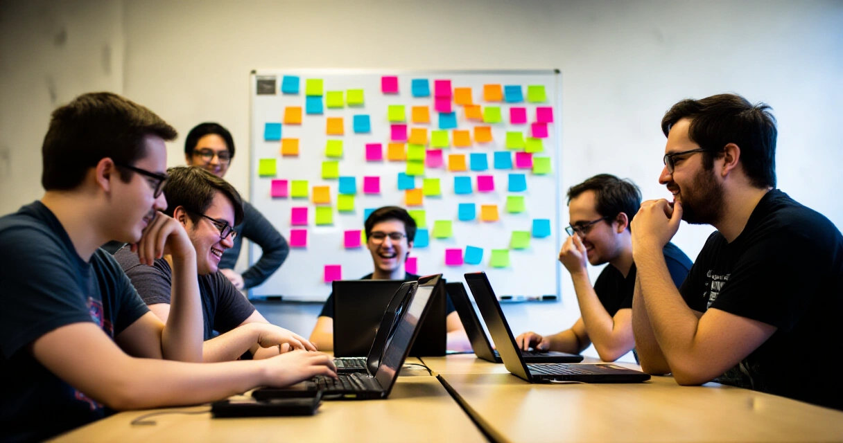 Nuoria pelikehittäjiä työskentelemässä game jam -tapahtumassa kannettavien tietokoneiden äärellä
