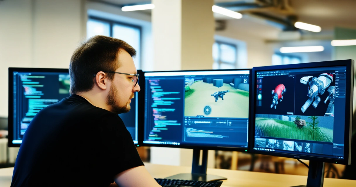 Suomalainen pelinkehittäjä työskentelee pelimoottorilla modernissa toimistossa