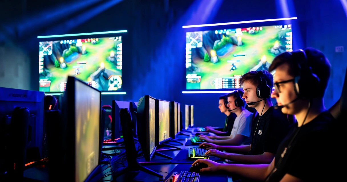 Pelaajia kilpailemassa esports-areenalla tietokoneiden ääressä