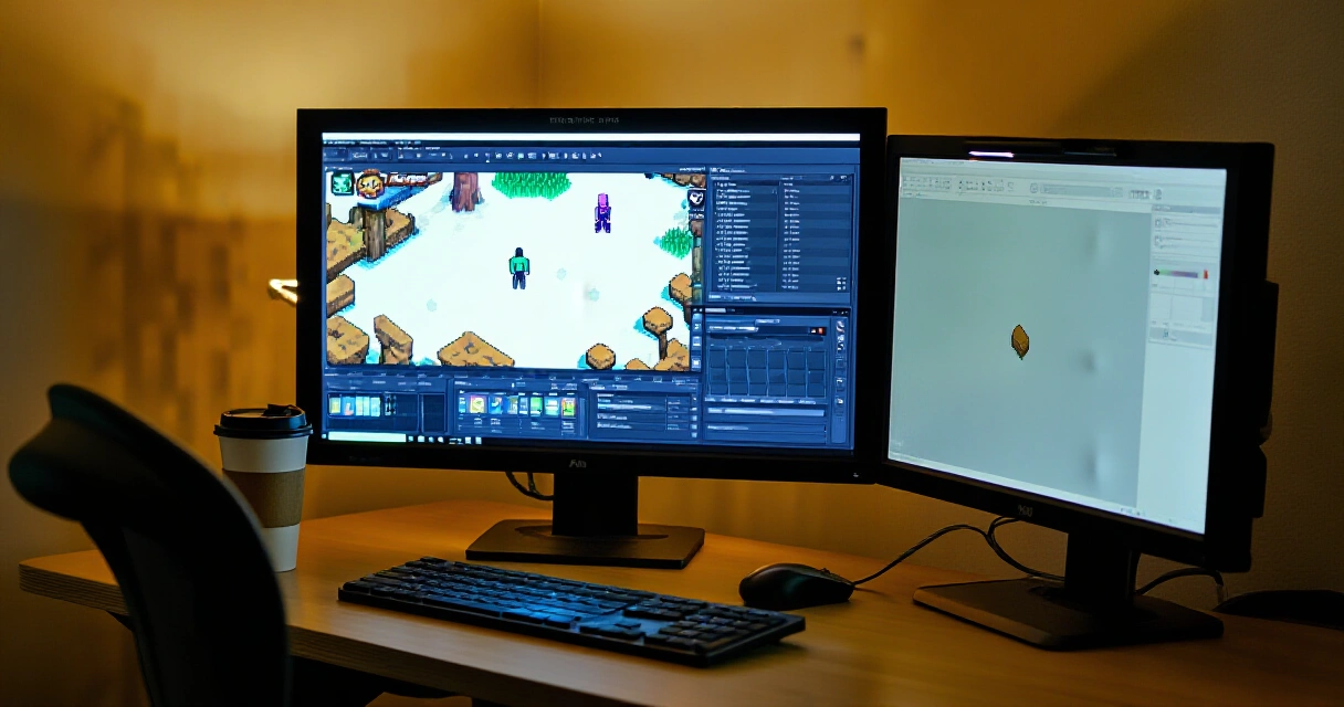Indie-pelikehittäjän pieni työpiste kahdella näytöllä ja pelimoottorin editorilla