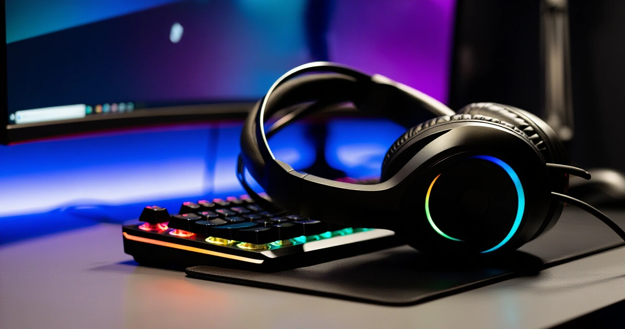 Kuulokkeet pelaajanäppäimistöllä RGB-valaistuksessa, pelimusiikki kuuntelu