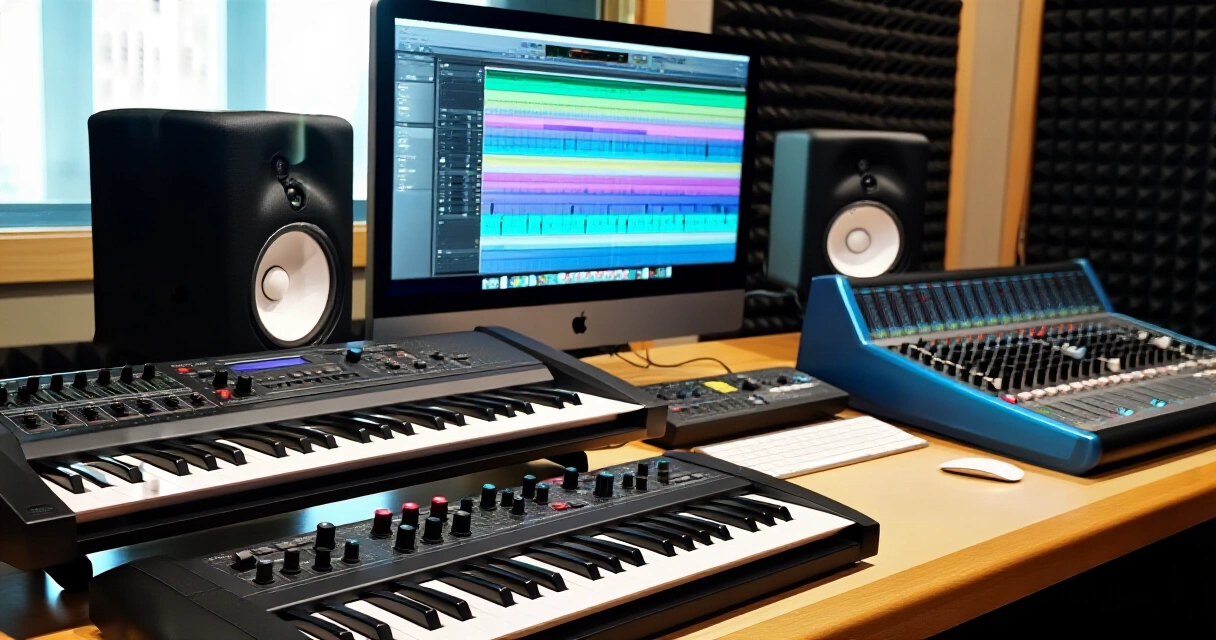 Moderni äänistudio jossa syntetisaattoreita ja tietokoneita pelimusiikkituotantoon