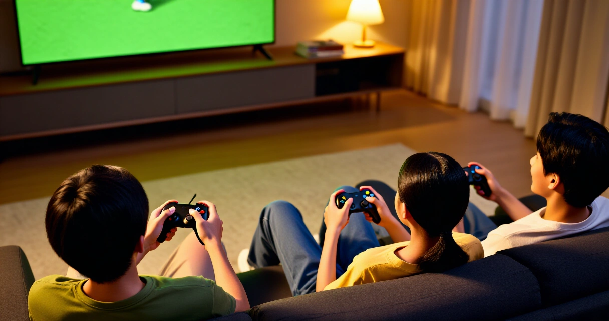 Neljä pelaajaa pelaa retropelejä yhdessä televisiolta ohjaimet kädessä