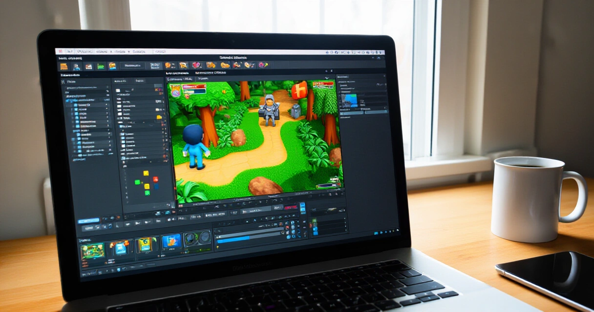 Kannettavan tietokone näyttö jossa visuaalinen pelimoottorin editori ja 2D-peliprojekti