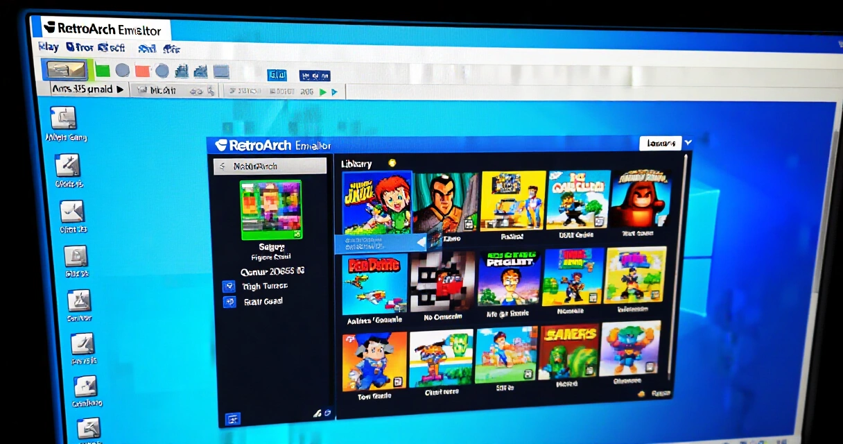 RetroArch emulaattorin käyttöliittymä tietokoneella, pelikirjasto näkyvissä