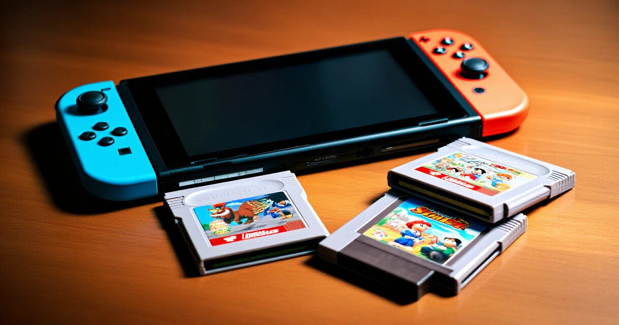 Nintendo Switch -konsoli ja retropelikasetteja pöydällä