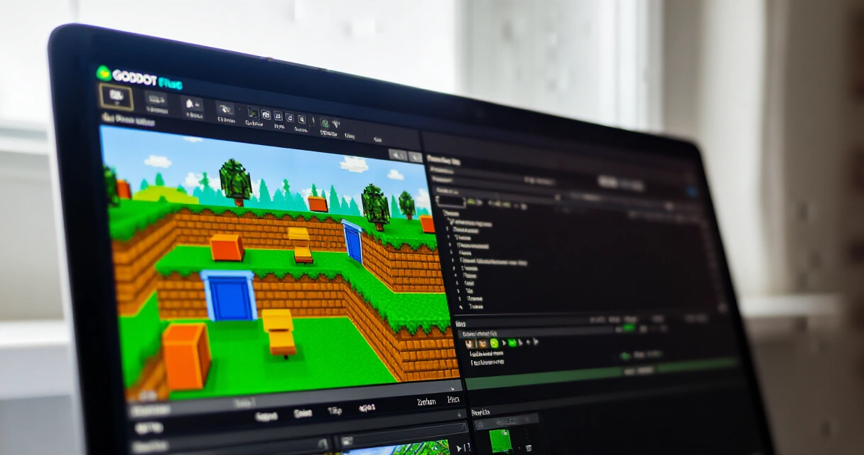 Godot-pelimoottorin editori auki kannettavalla tietokoneella