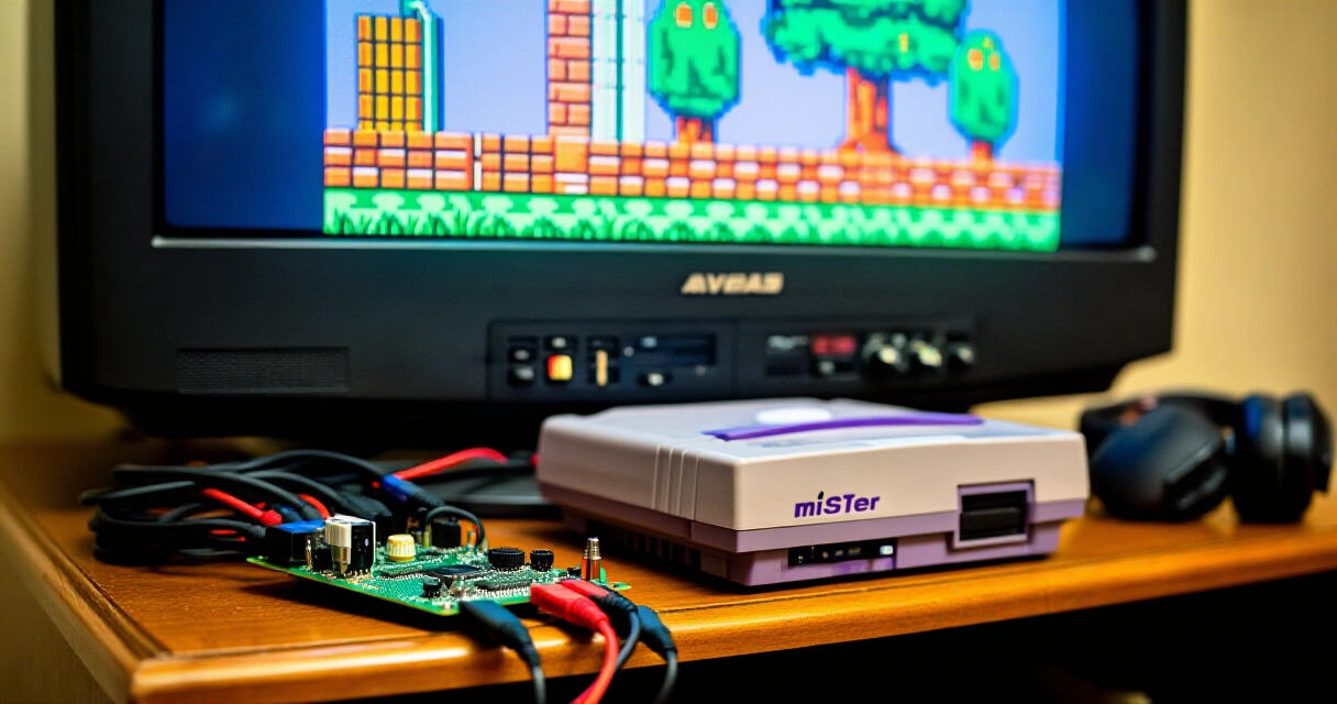 MiSTer FPGA kytkettynä CRT-televisioon näyttäen klassista SNES-peliä