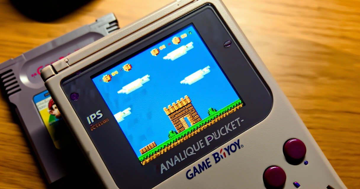 Analogue Pocket käsikonsoli ylhäältäpäin kuvattuna, näytöllä retropeli ja vieressä Game Boy -kasetteja