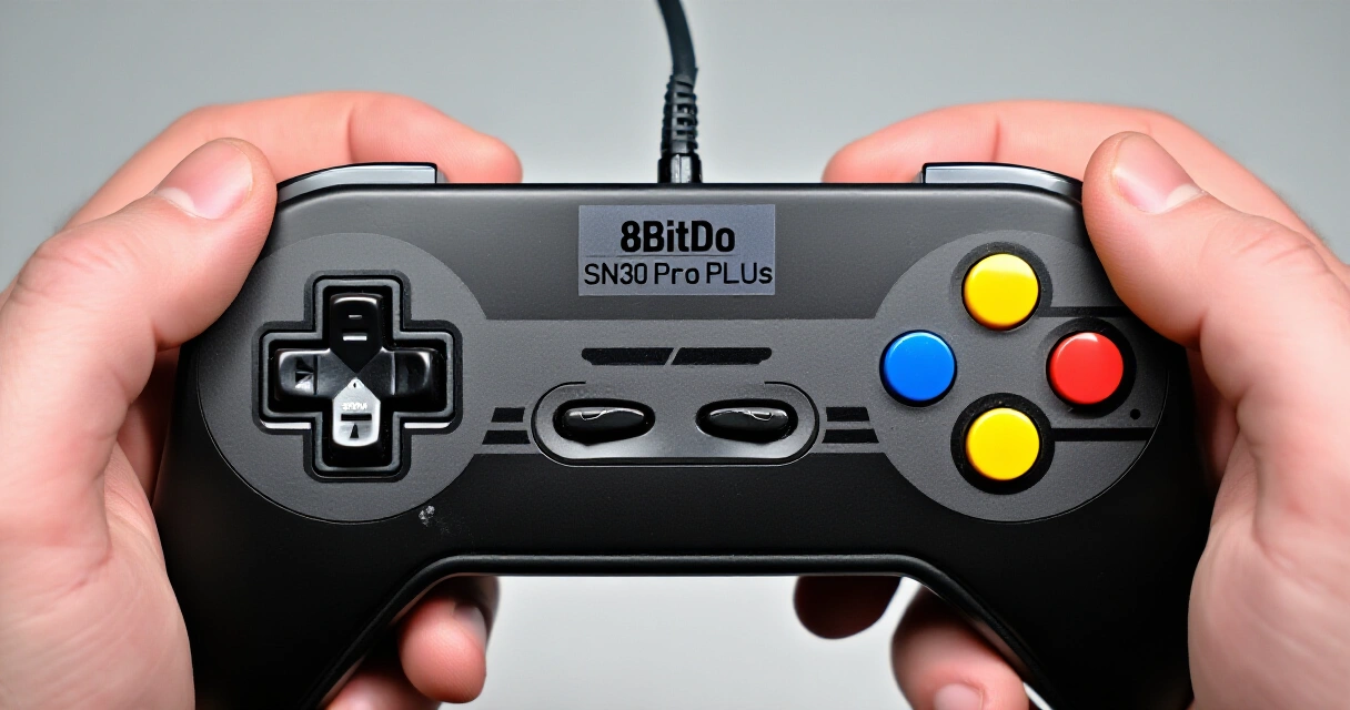 8BitDo SN30 Pro+ retroohjain lähikuvassa – SNES-tyylinen layout ja D-pad