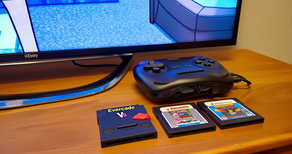 Evercade VS retrokonsoli liitettynä televisioon, kasetteja viereisellä pöydällä
