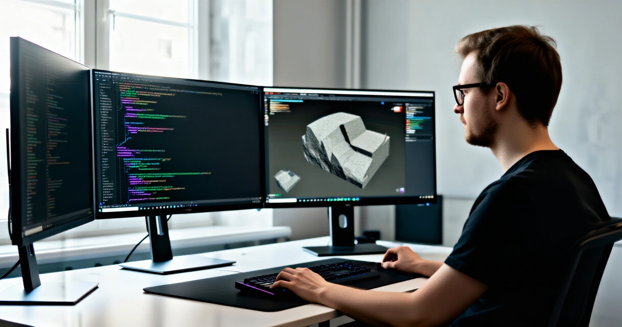 Pelinkehittäjä työskentelee kahdella näytöllä, koodi ja 3D-malli näkyvissä