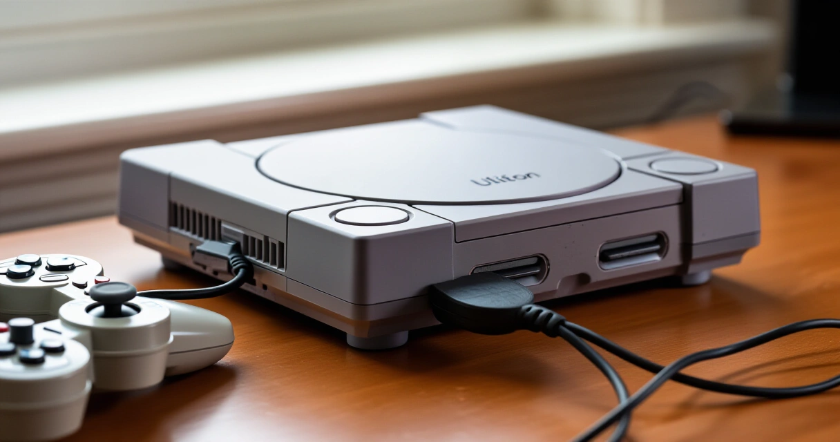 PlayStation Classic minikonsoli ja kaksi alkuperäistä ohjainta puupöydällä