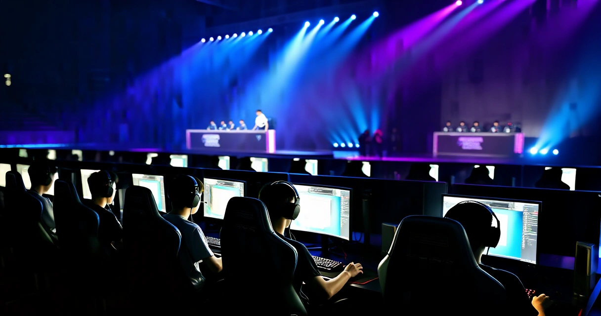 Esports-turnauksen kilpailulava pelaajineen ja tietokoneineen