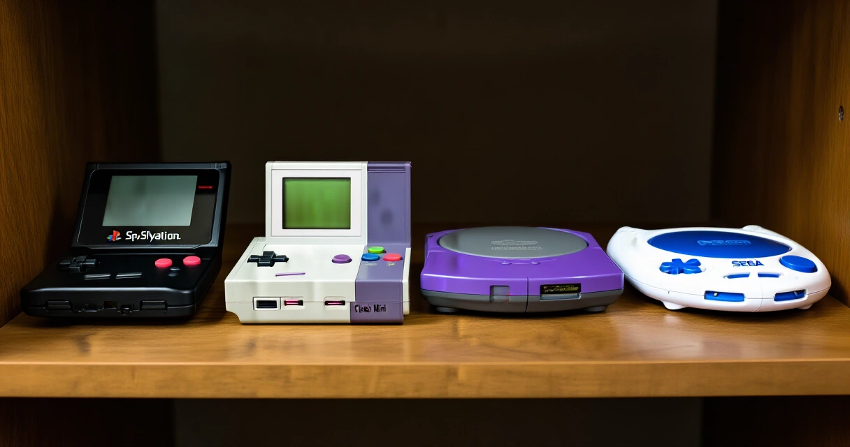 PlayStation Classic, SNES Classic Mini ja Mega Drive Mini vierekkäin hyllyllä